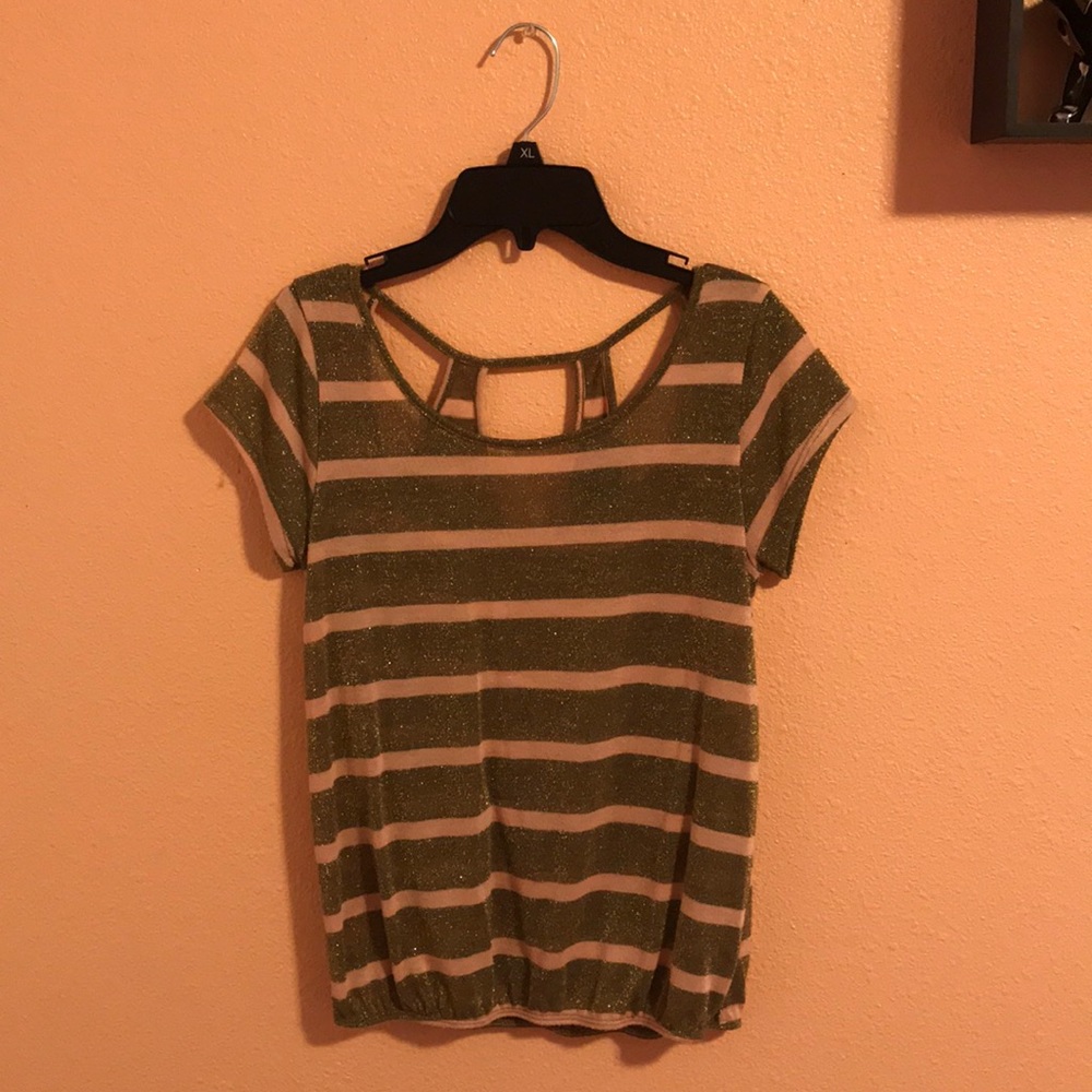 A shirt with gold and pink stripes.